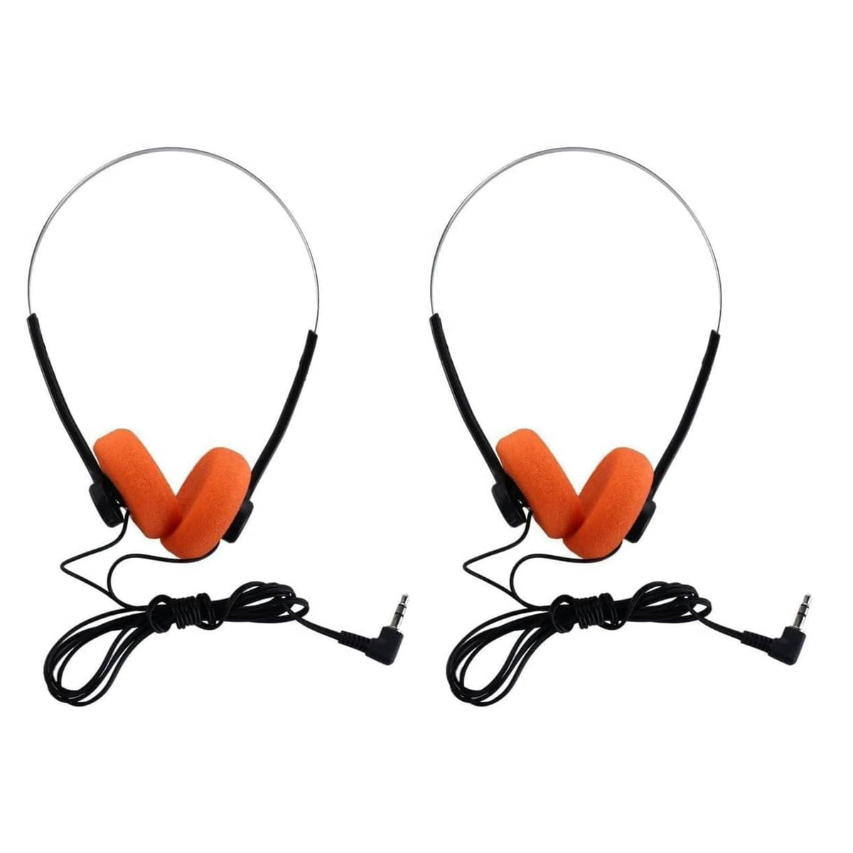 Wired retro on-ear headphones set with orange ear pads and black cable, pair