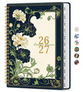 Academic planner, navy floral cover with 26–27 numbers and gold spiral binding
