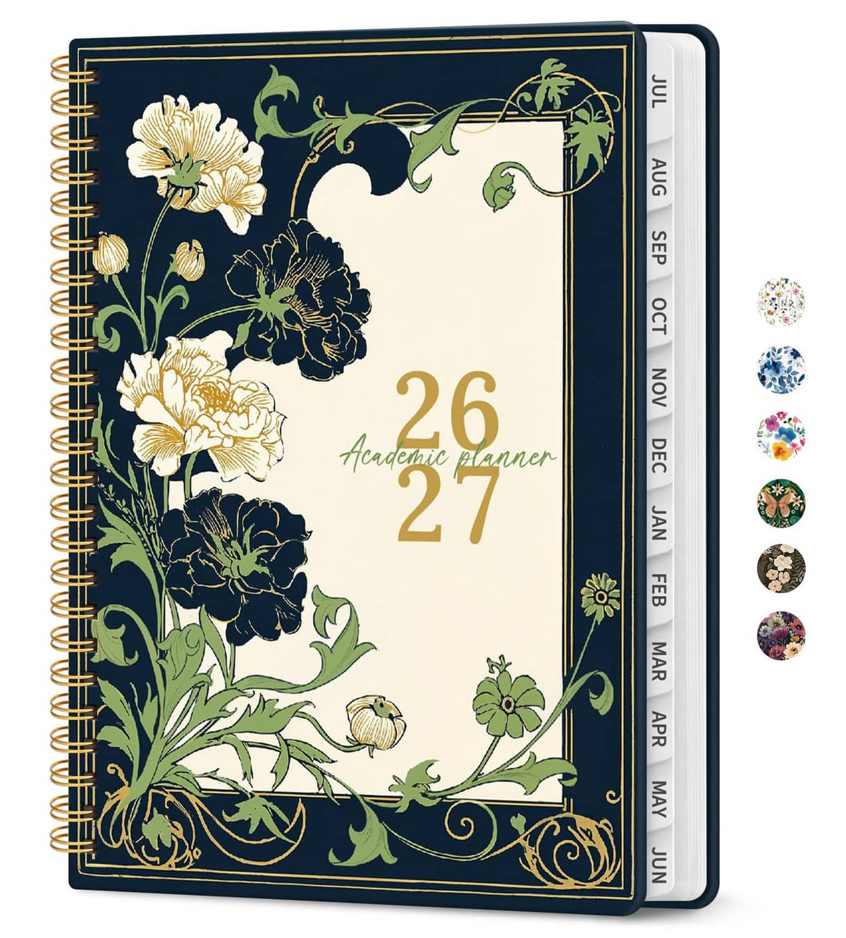 Academic planner, navy floral cover with 26–27 numbers and gold spiral binding