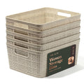 Small natural woven plastic storage basket set, stacked with open top and cutout handles