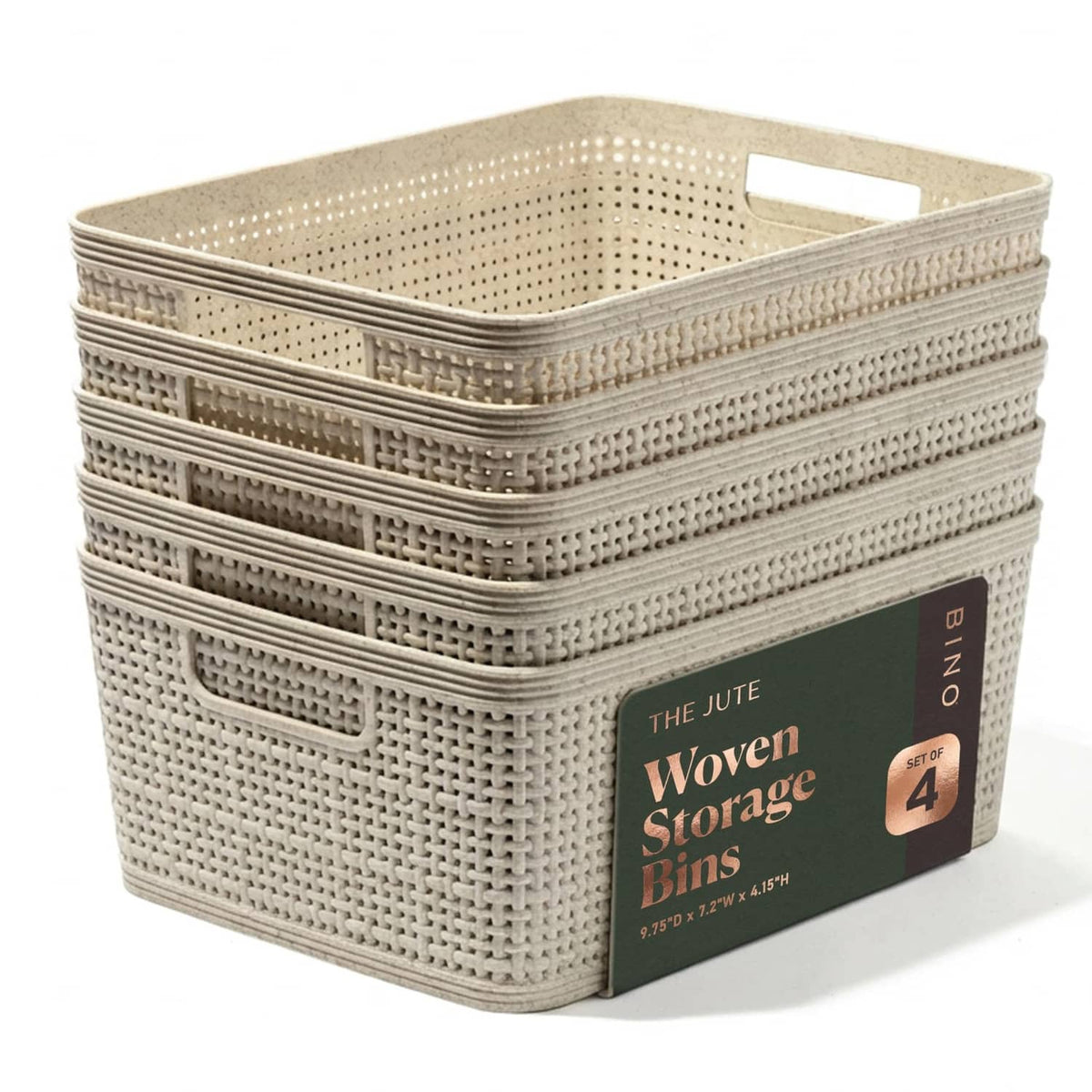 Small natural woven plastic storage basket set, stacked with open top and cutout handles
