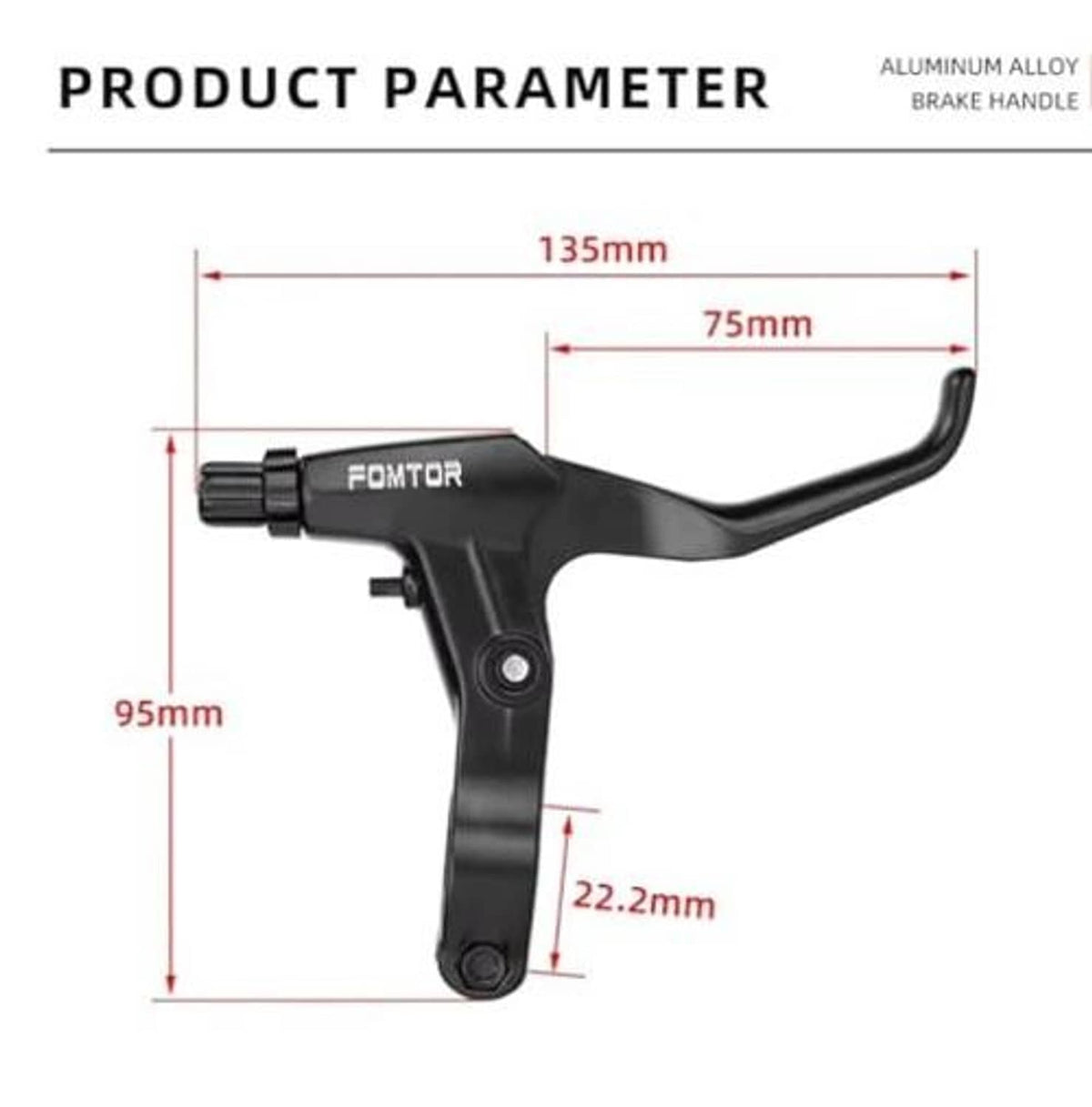 Black universal bicycle brake lever with extended handle and mounting bolt, aluminum alloy