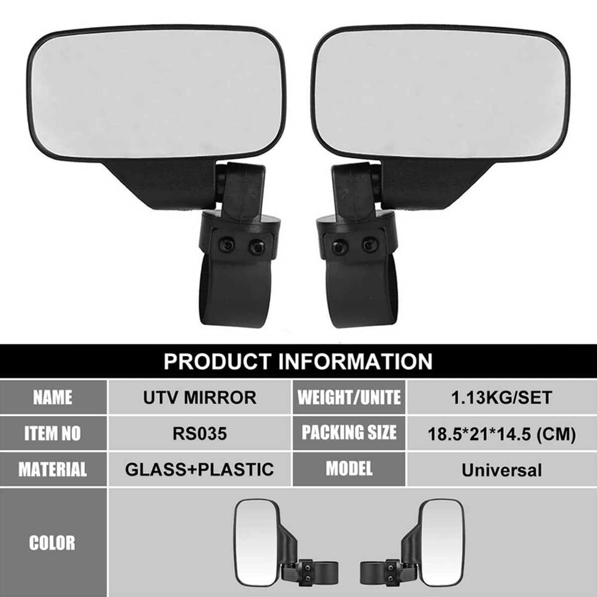 Pair of UTV roll bar side mirrors with black mounts and adjustable clamps