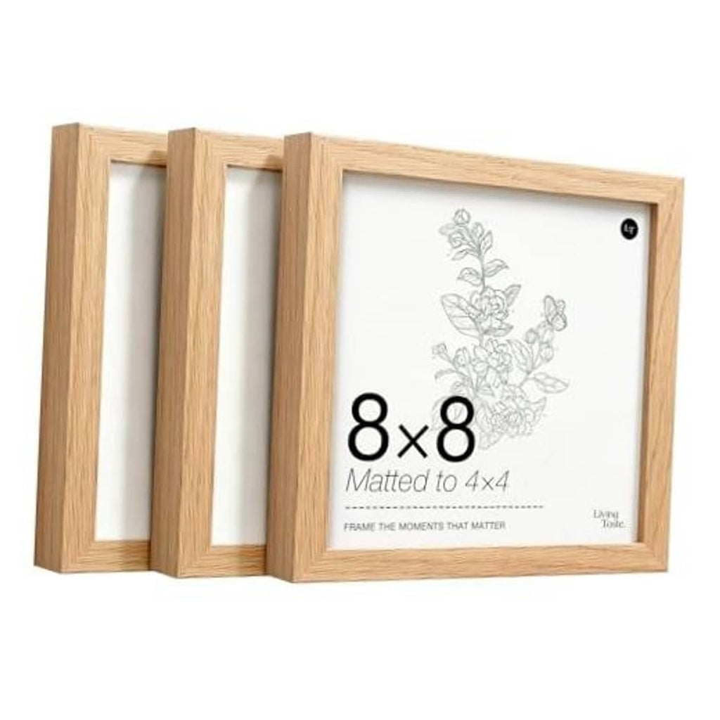 Set of 3 light oak 8x8 picture frames with real glass, open front view