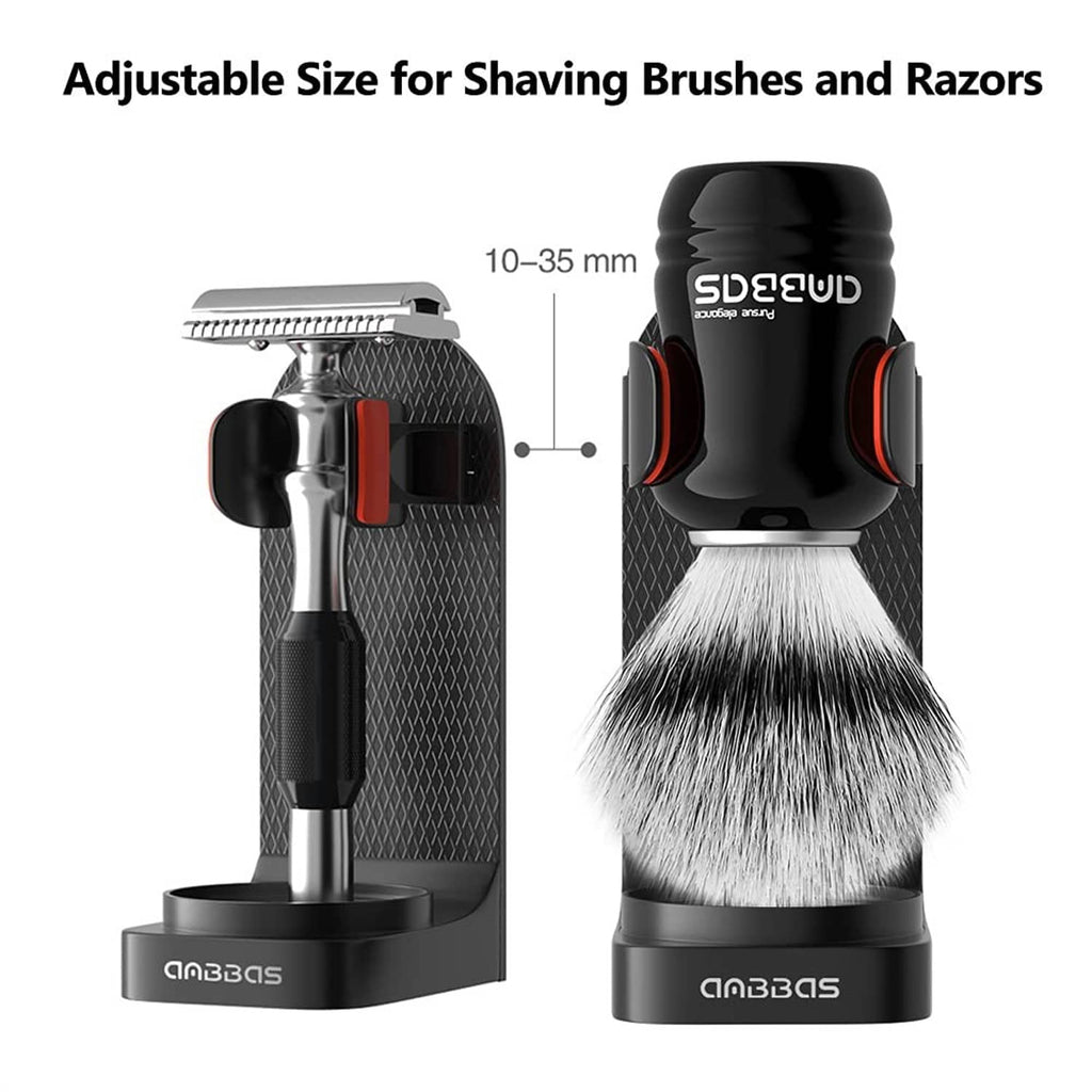 Adjustable shaving brush and razor holder with black body and silver razor
