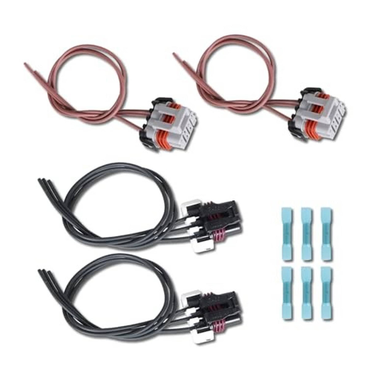 Truck headlight and turn signal wiring harness kit with red and black connectors and blue heat shrink