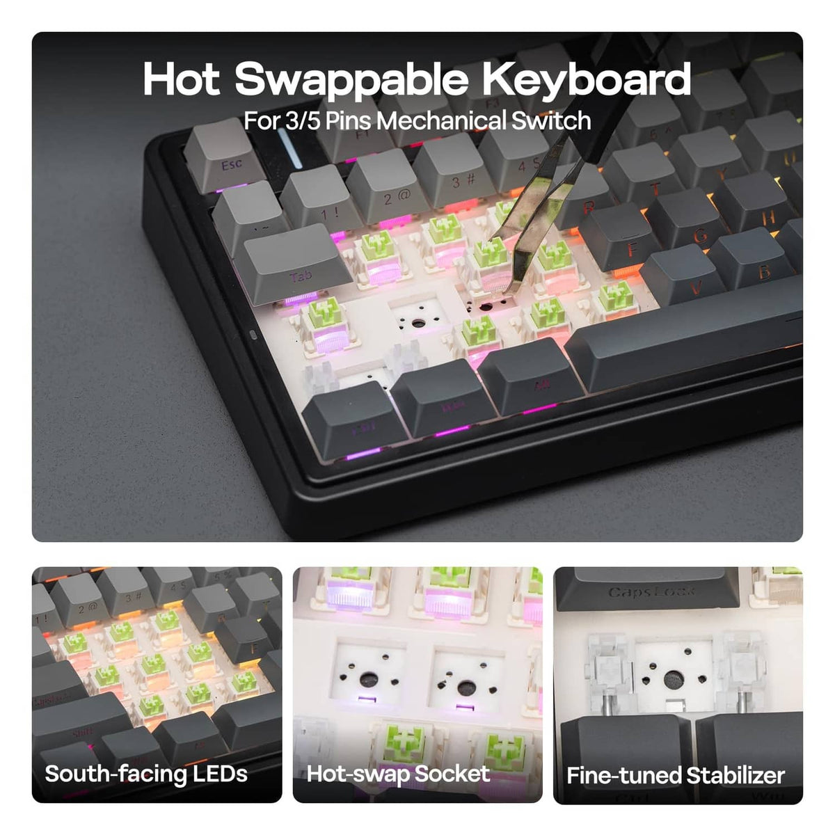 Hot-swappable mechanical keyboard with RGB backlight and visible key switch openings