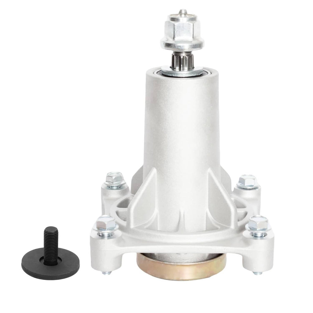 White mower deck spindle assembly with central shaft and mounting bolts