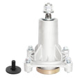White mower deck spindle assembly with central shaft and mounting bolts