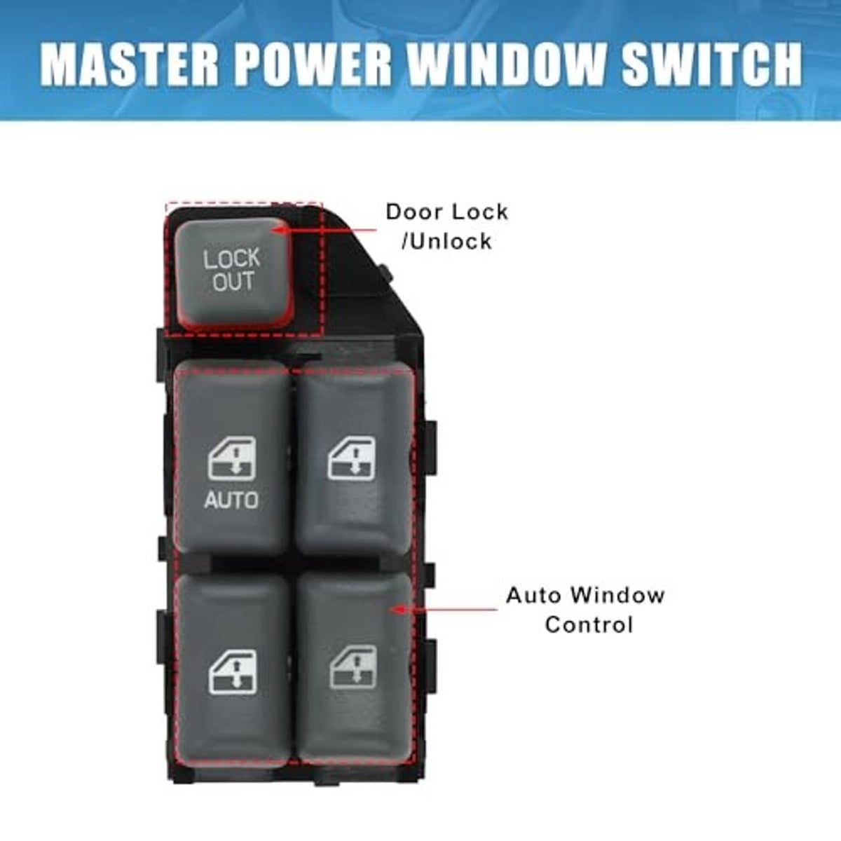 Master power window switch with gray buttons for door lock and auto control