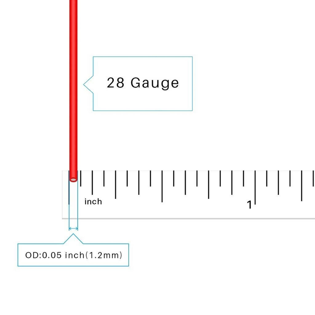 Red silicone wire end with black sheath; 28 gauge size and thickness markings