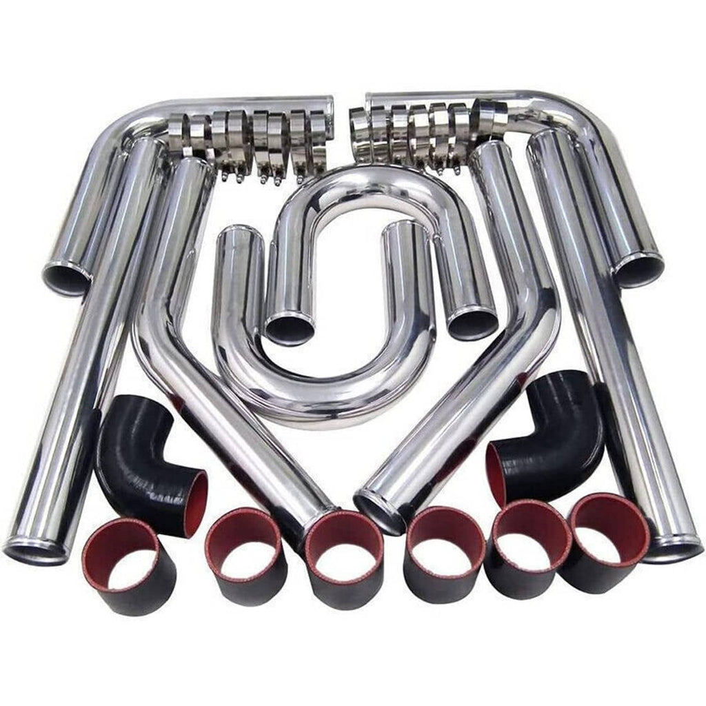 Polished aluminum intercooler pipe kit with U-bend tubes, silicone hoses, and clamps