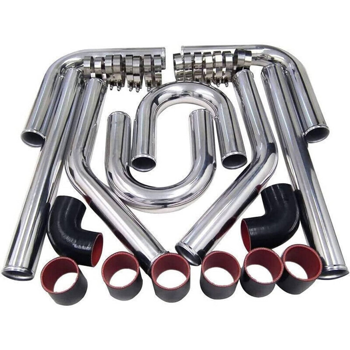 Polished aluminum intercooler pipe kit with U-bend tubes, silicone hoses, and clamps