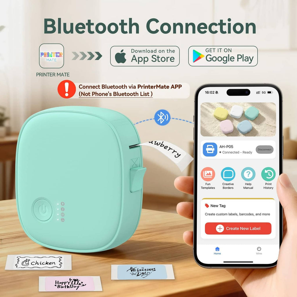 Mint green label maker with smartphone showing Bluetooth connection and label screen