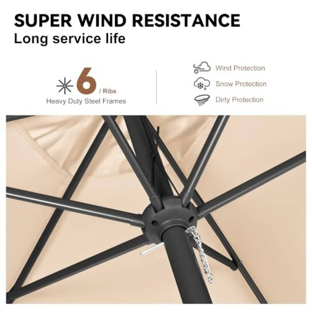 Beige patio umbrella with heavy-duty steel frame and multiple support ribs