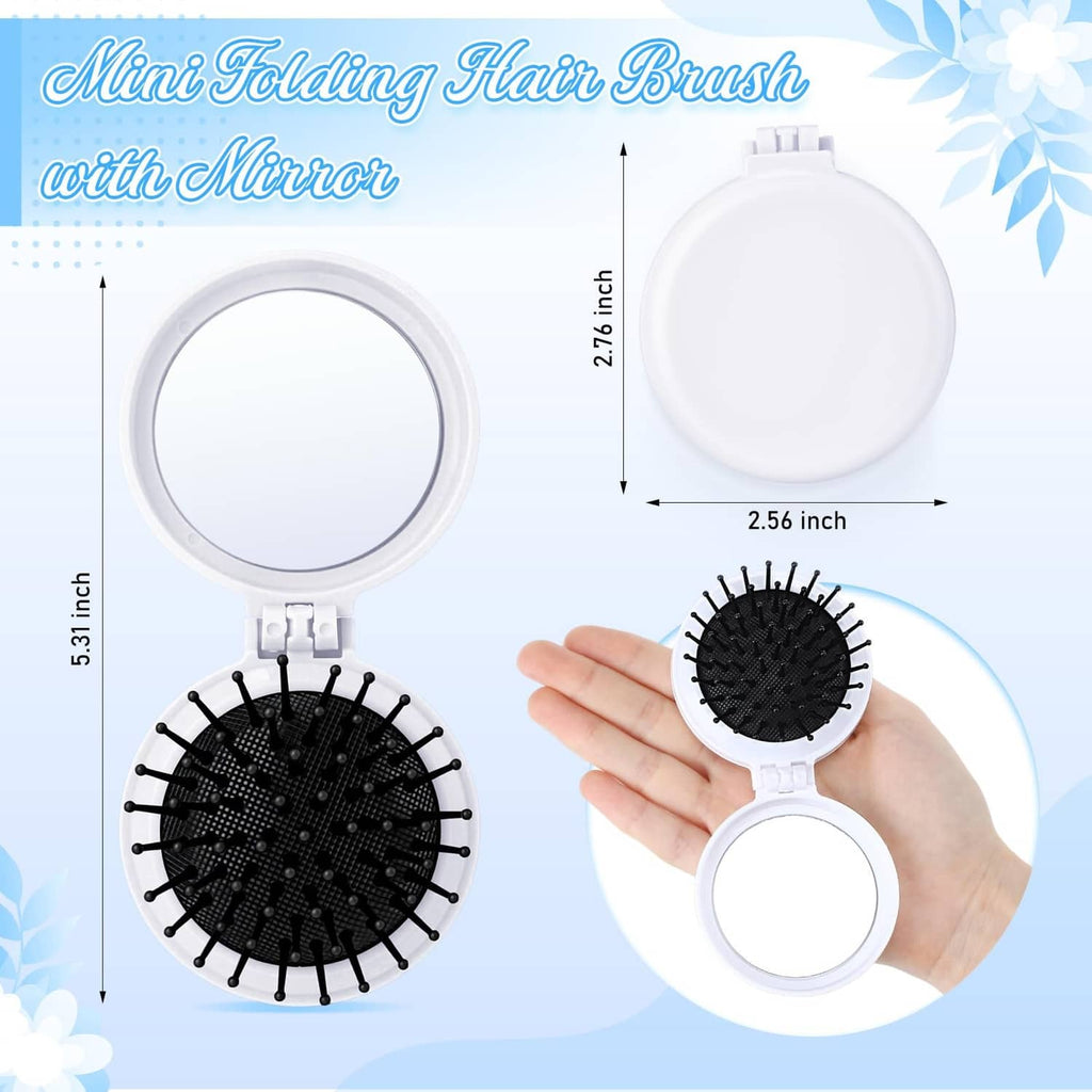 Mini folding hair brush with mirror, white round case with black bristles