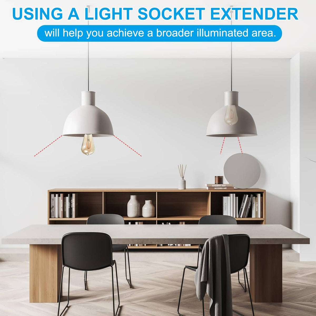 Light socket extenders fitted to pendant bulbs, black housings with flexible cords