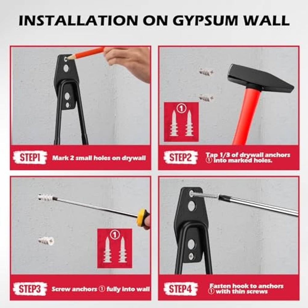 Wall hook installation on drywall with anchors and screws shown step by step