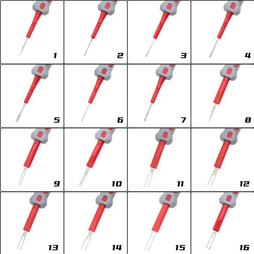 Numbered set of red and gray terminal removal tools with metal prongs