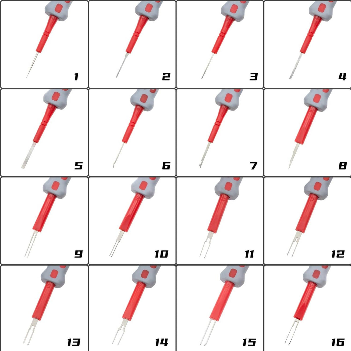 Numbered set of red and gray terminal removal tools with metal prongs