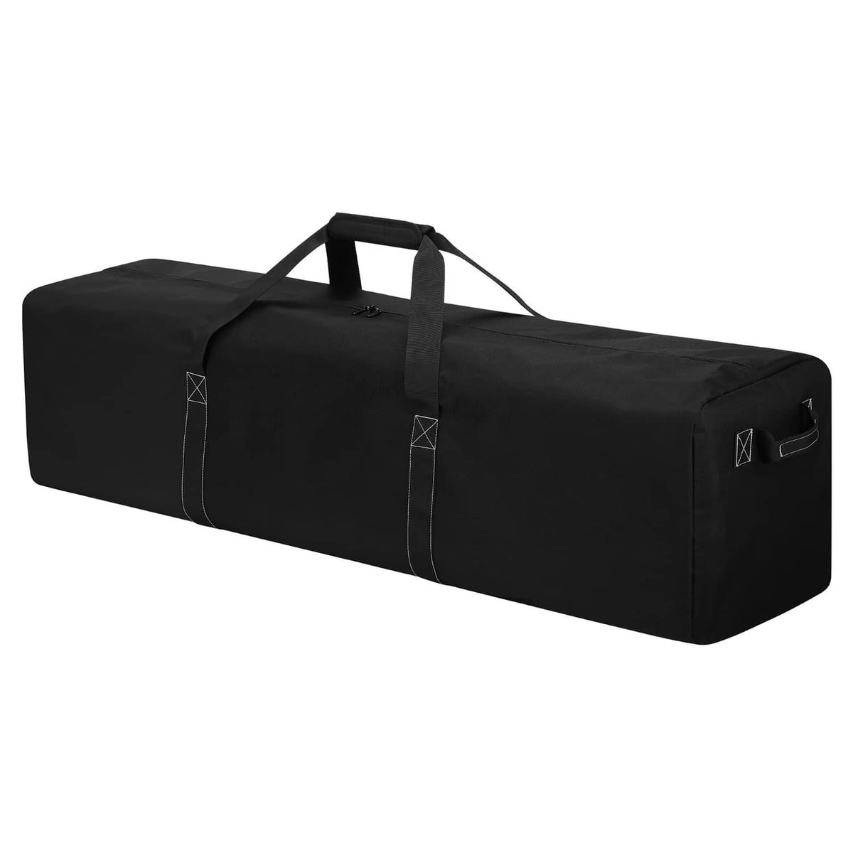 Black large duffel bag with top carry handles and side zipper pocket detail.