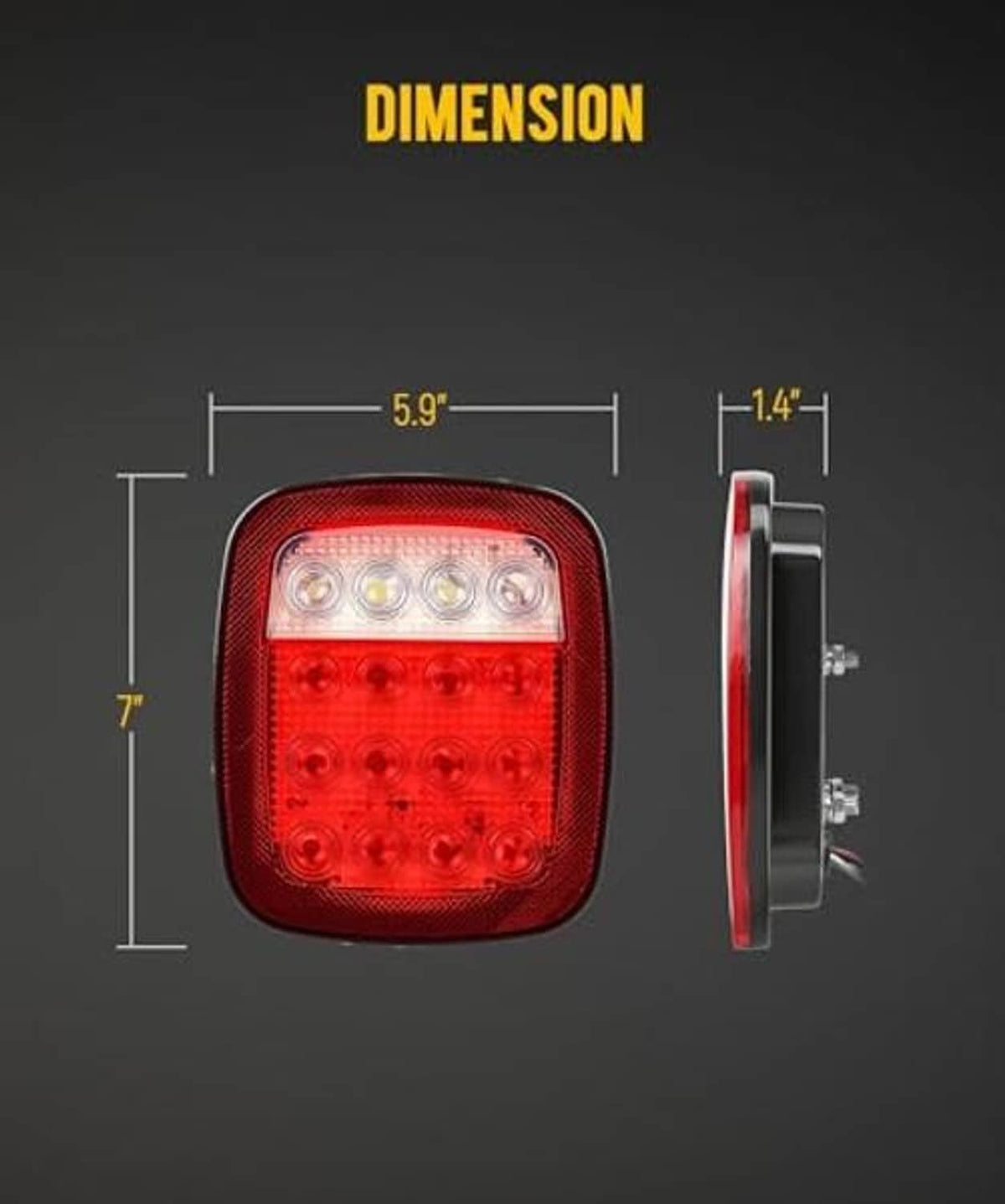 Square red LED stop/tail lamp with clear top section, side profile view