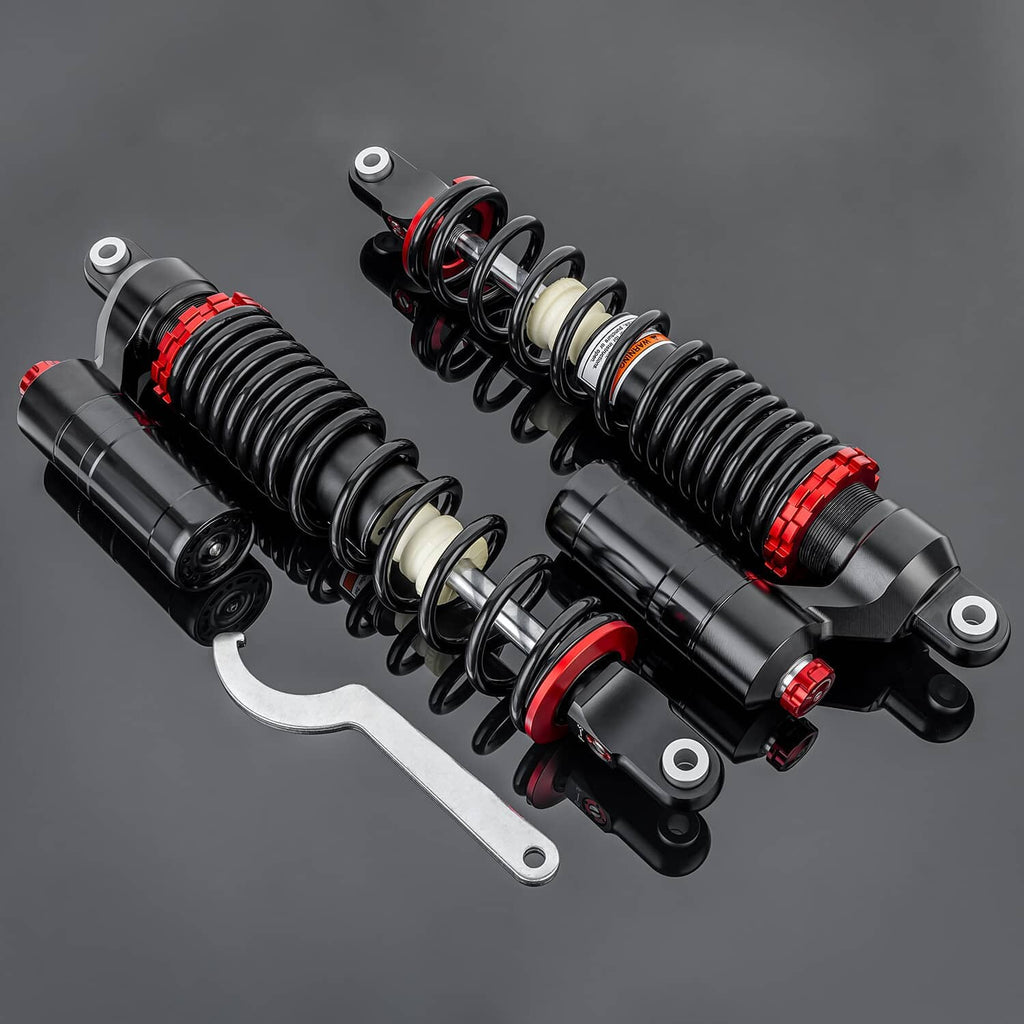 Front air shock absorbers set, black cylinders with red rings and coil spring assemblies