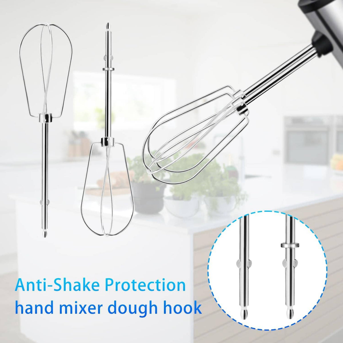 Stainless steel hand mixer beaters with wire whisk heads and anti-shake stem clips