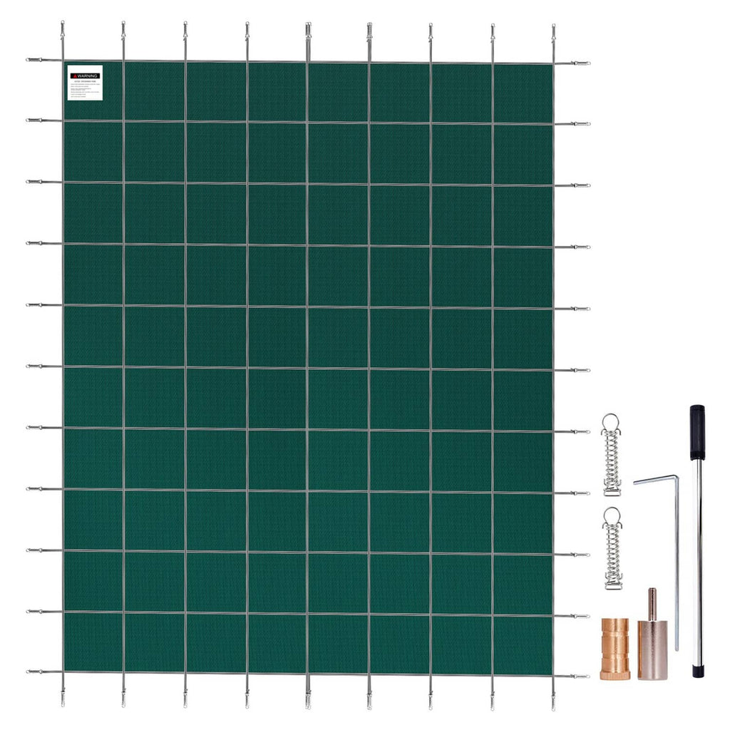 Green mesh pool safety cover with square grid pattern and included anchor hardware