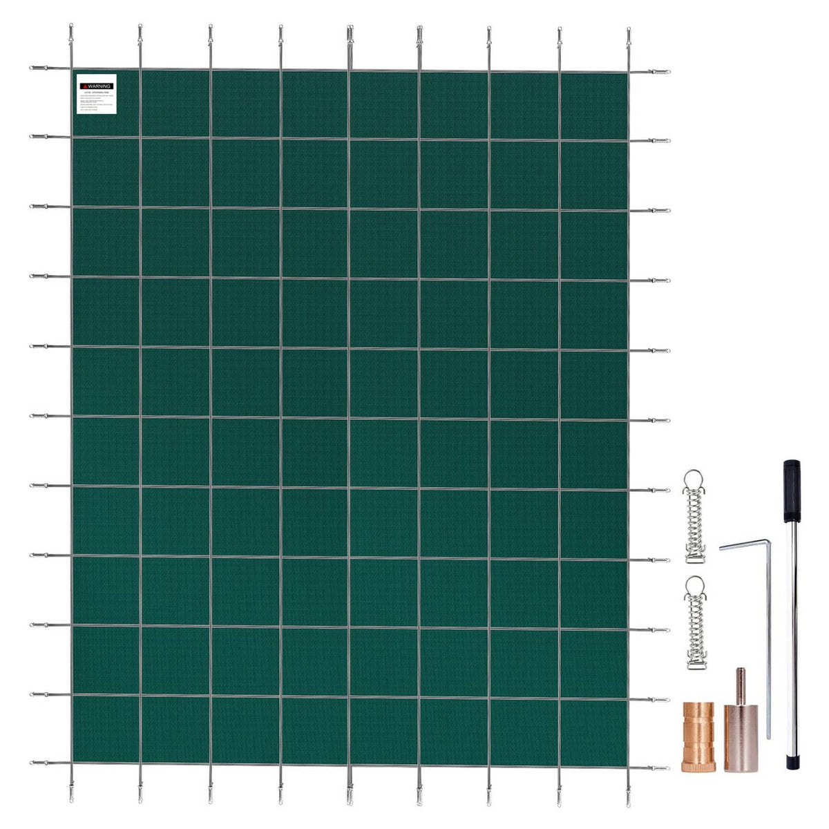 Green mesh pool safety cover with square grid pattern and included anchor hardware