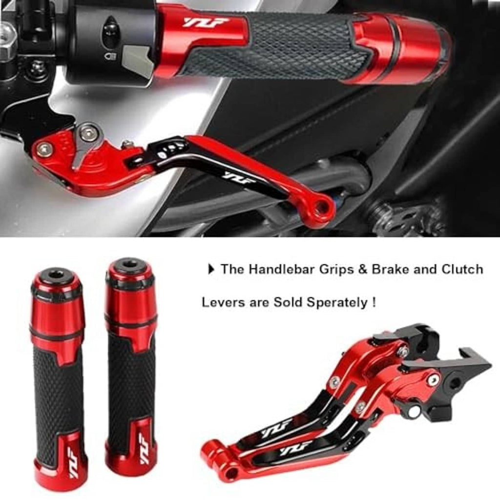 Red motorcycle brake lever with black folding clutch lever and red handlebar end