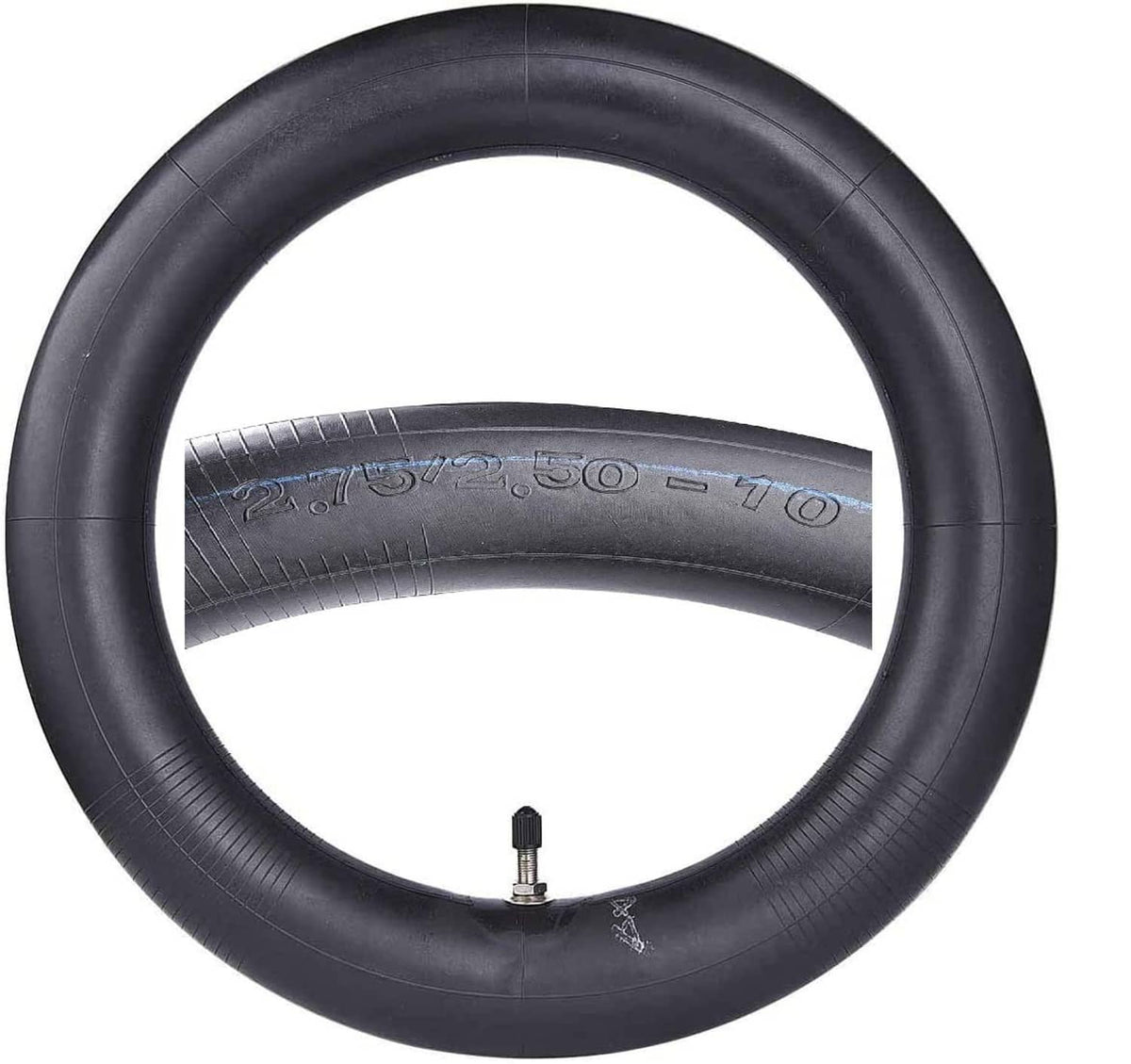 Black inner tube with valve stem, close-up of rim-edge texture