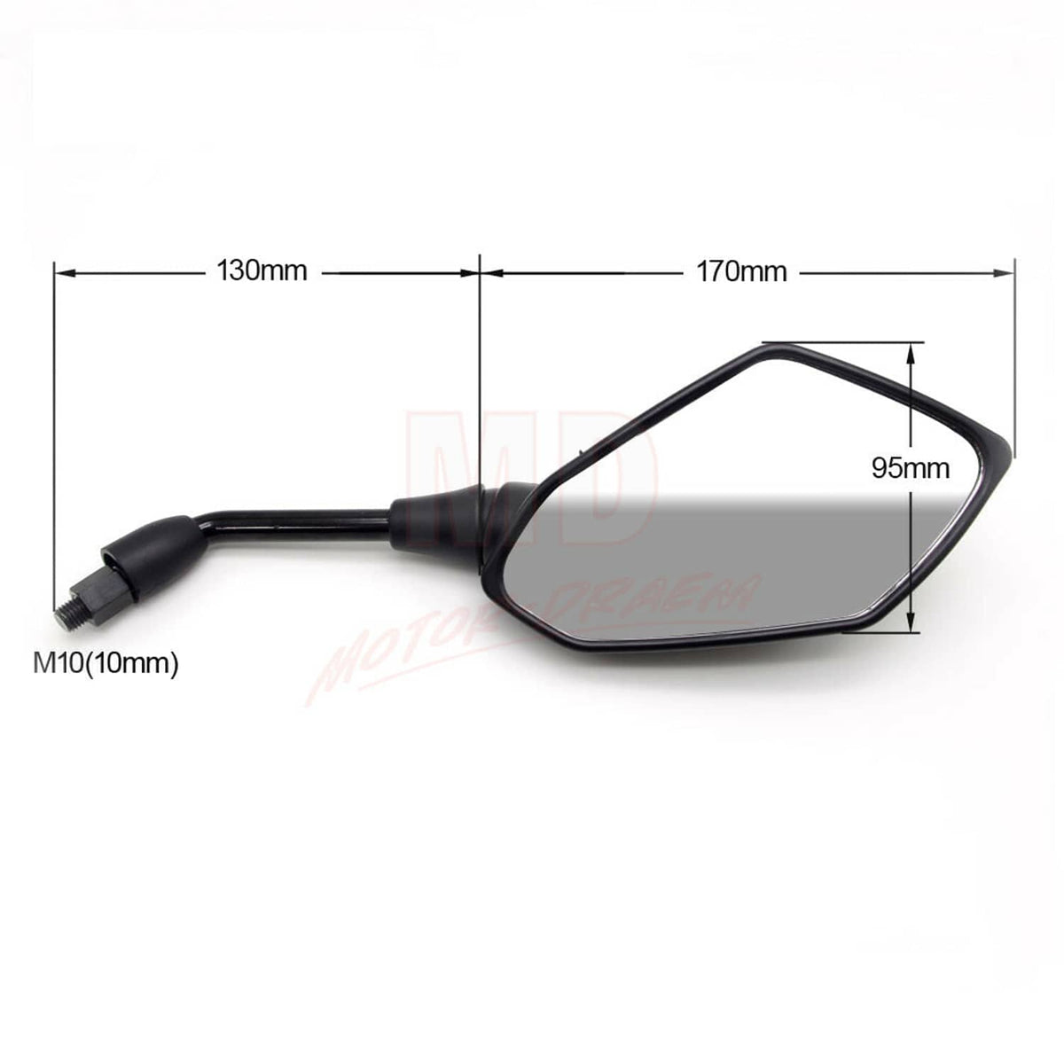 Black motorcycle mirror dimensions with 95mm lens size and M10 mount