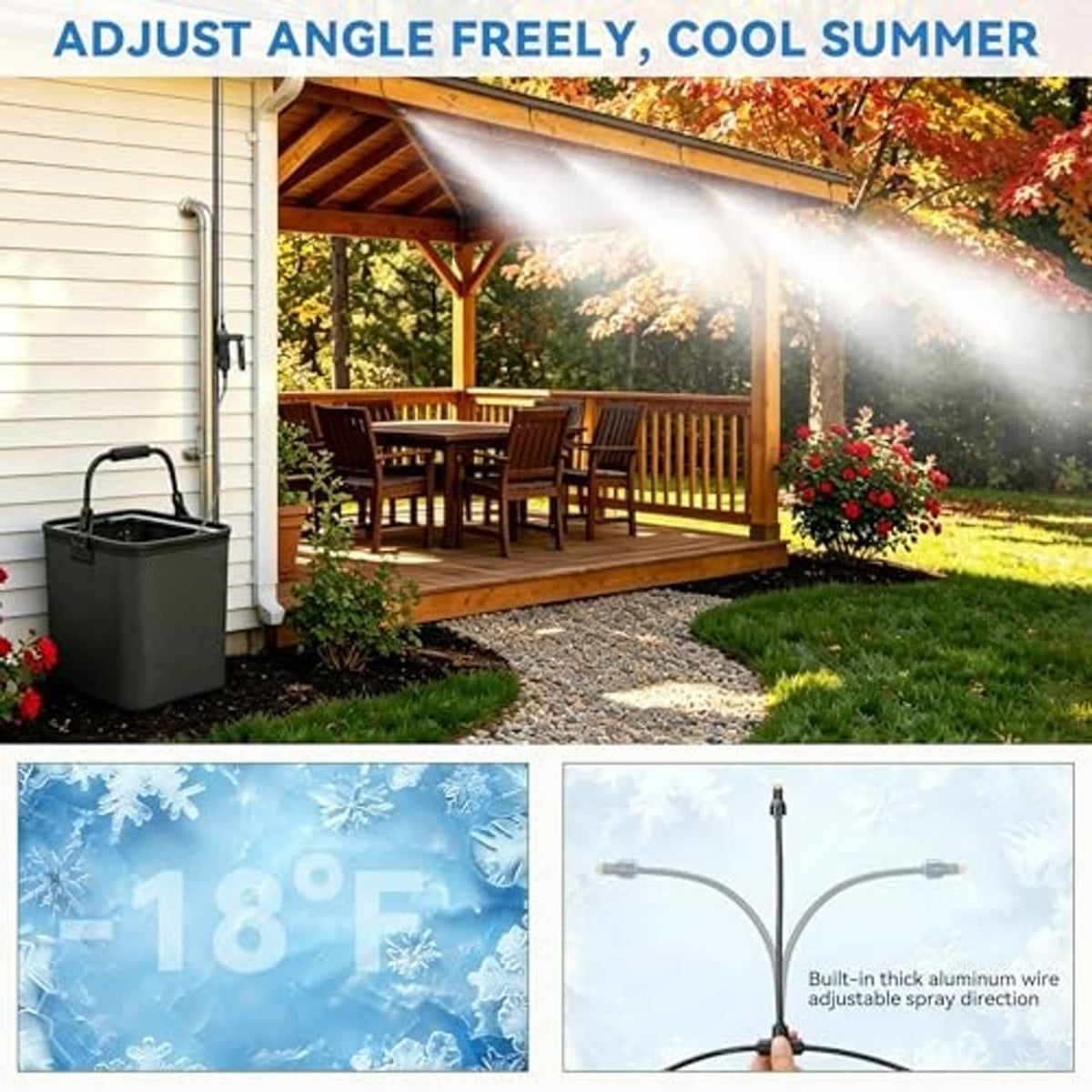 Black misting system with adjustable spray nozzles cooling an outdoor patio