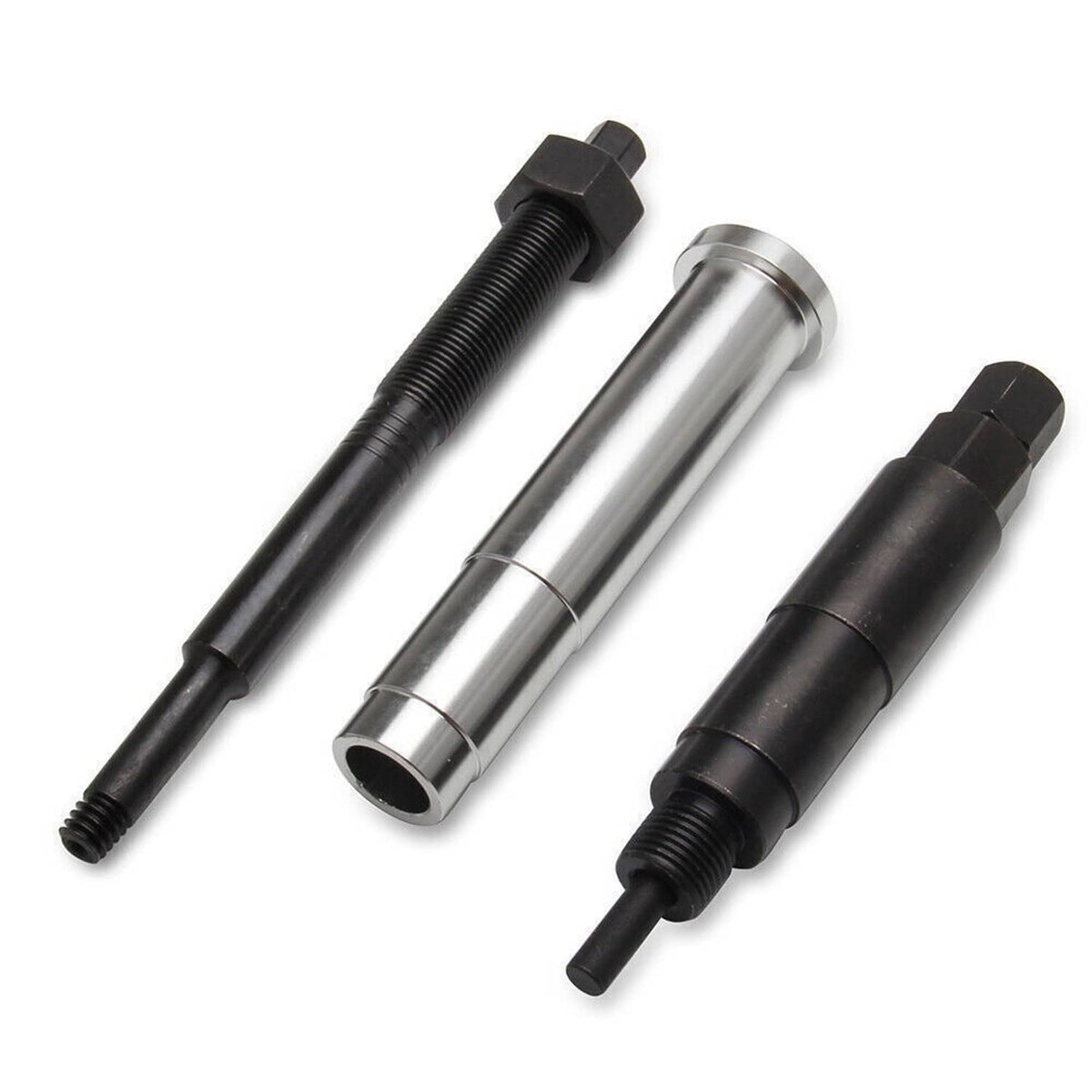 Broken spark plug remover kit with black and silver extraction rods and end caps