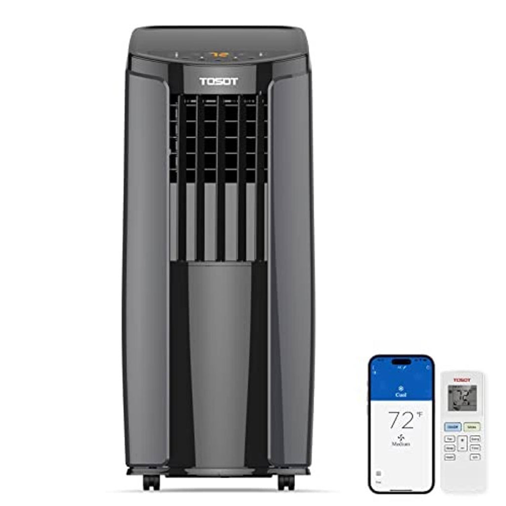 Gray portable air conditioner with front vent grille, shown with a smartphone remote