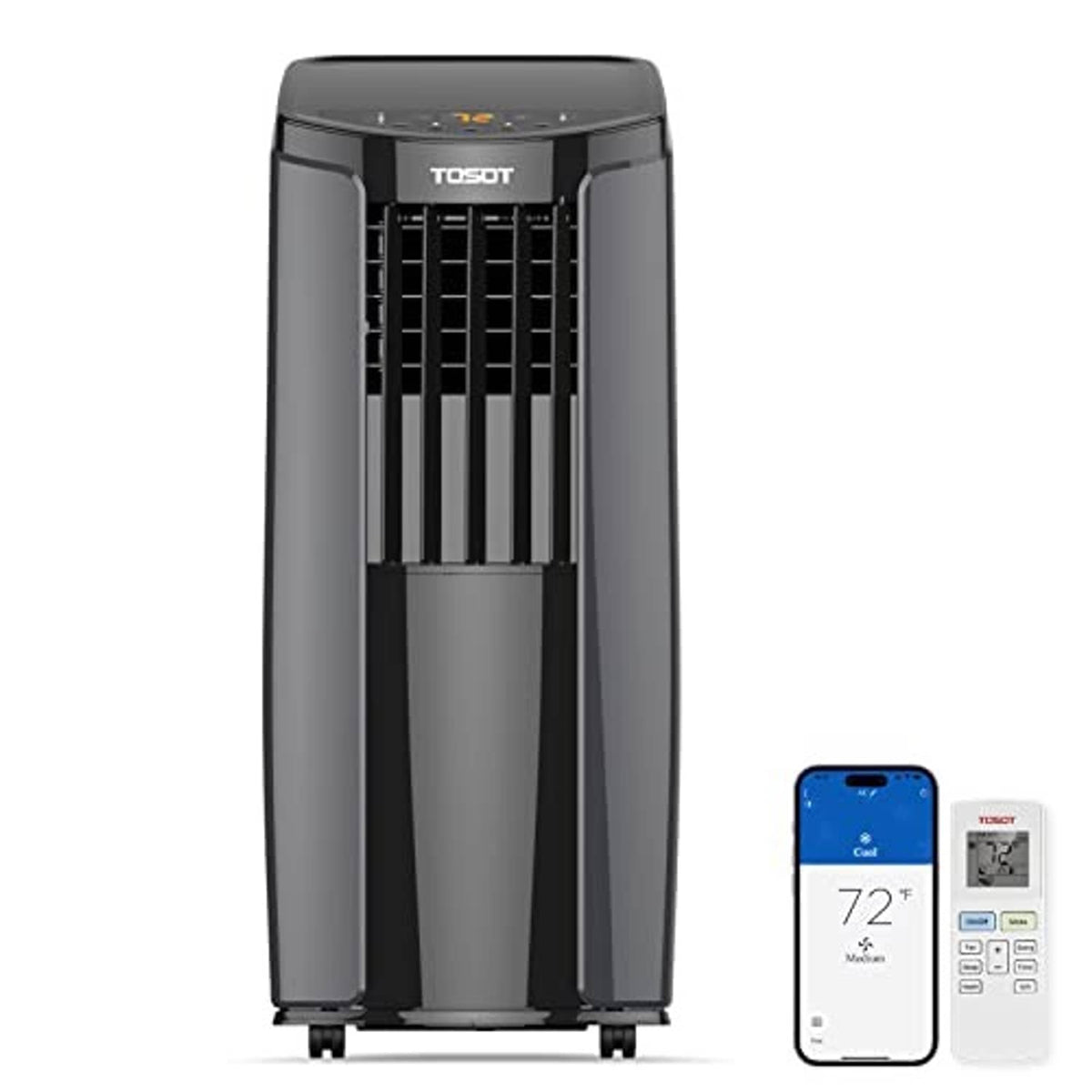 Gray portable air conditioner with front vent grille, shown with a smartphone remote