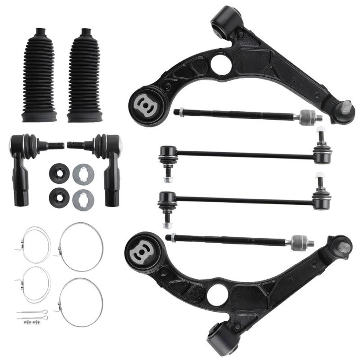 Front suspension control arm set with tie rods, ball joints, and mounting hardware