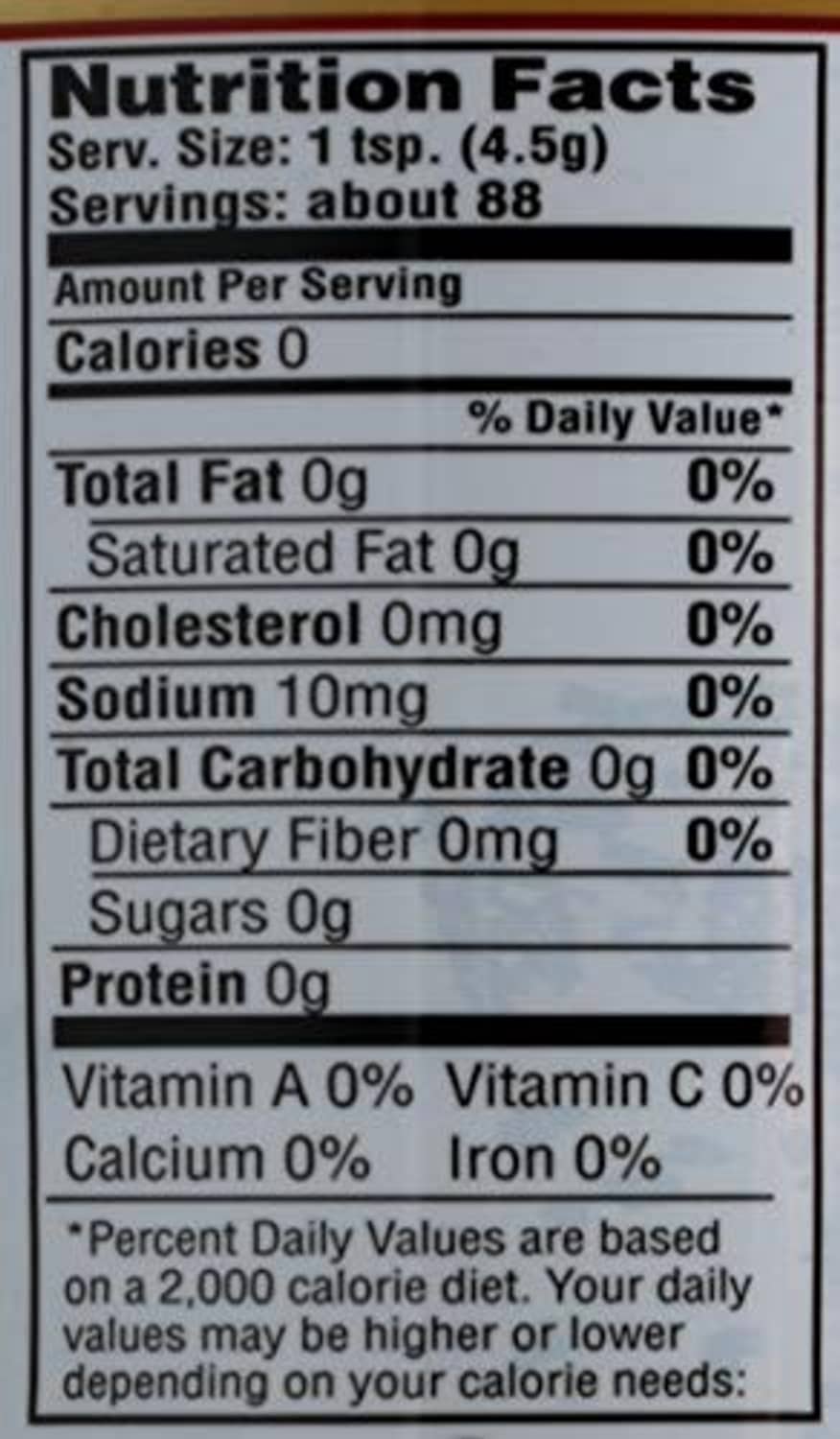 Nutrition Facts panel for Colgin Liquid Smoke showing 0 calories and 10mg sodium.