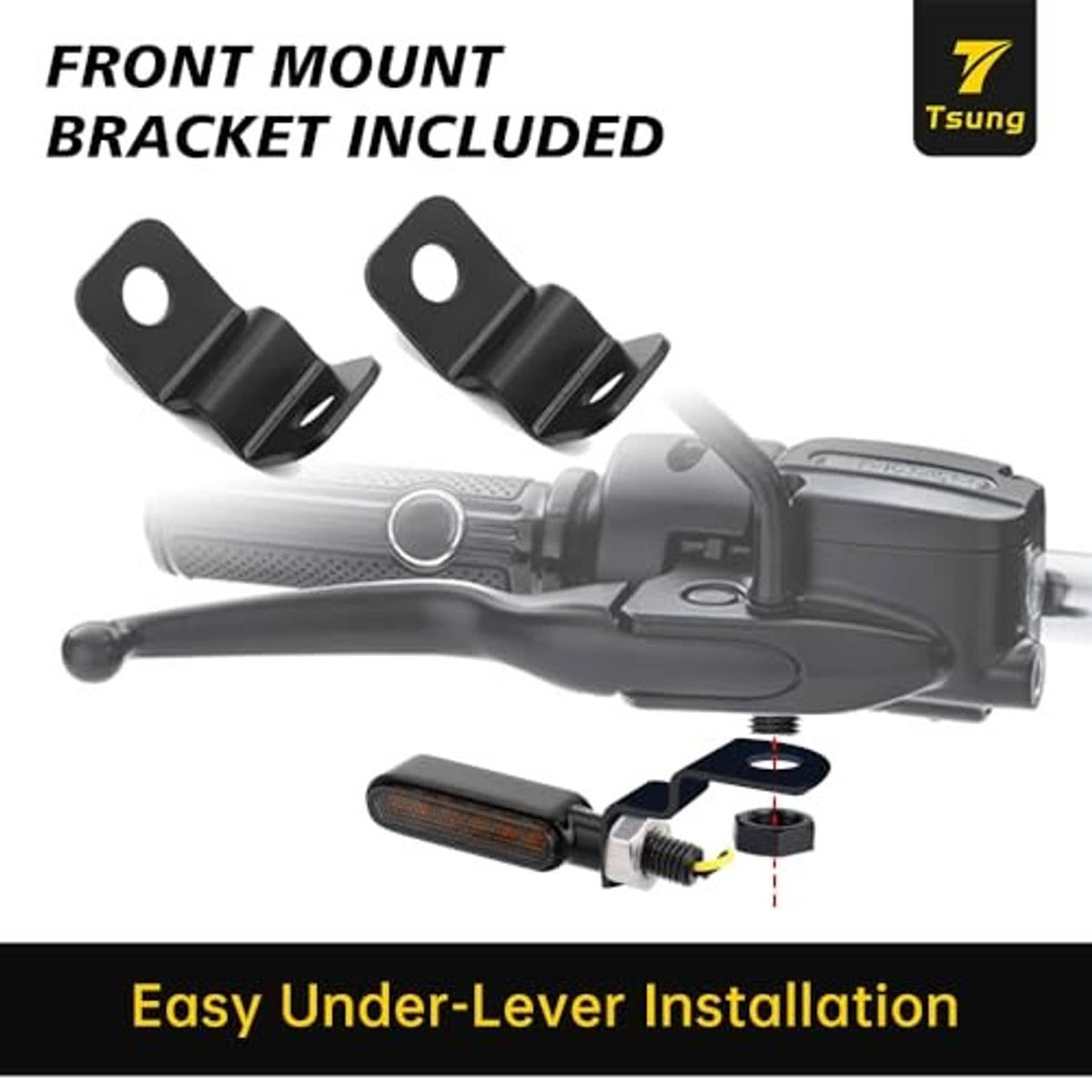 Amber front LED turn signal with black bracket for under-lever mounting