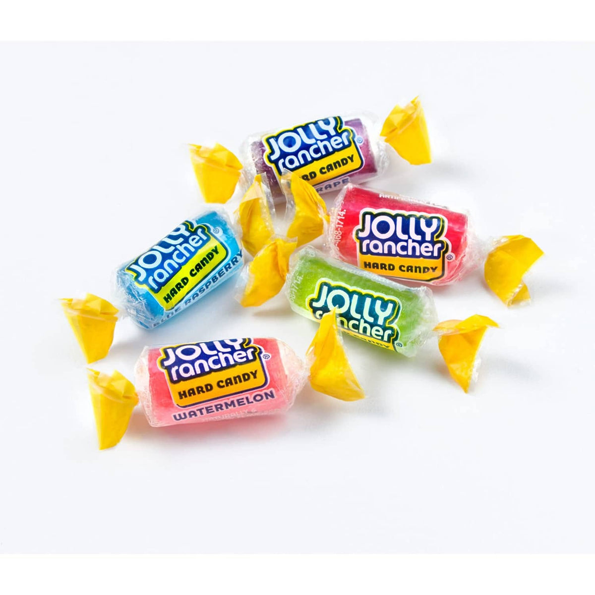 Assorted Jolly Rancher hard candies in yellow, red, green, and blue wrappers