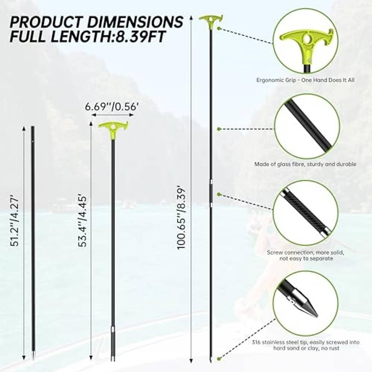 Two-piece fiberglass anchor pole with green grip and pointed anchor tip, full-length shown