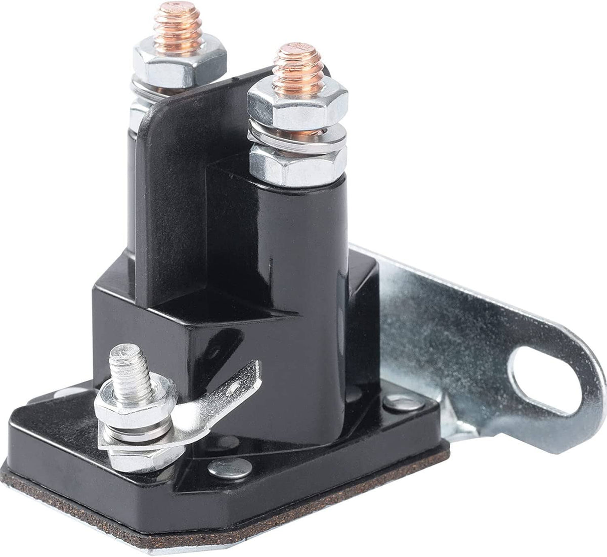 Black starter solenoid with copper-topped bolts and metal mounting base