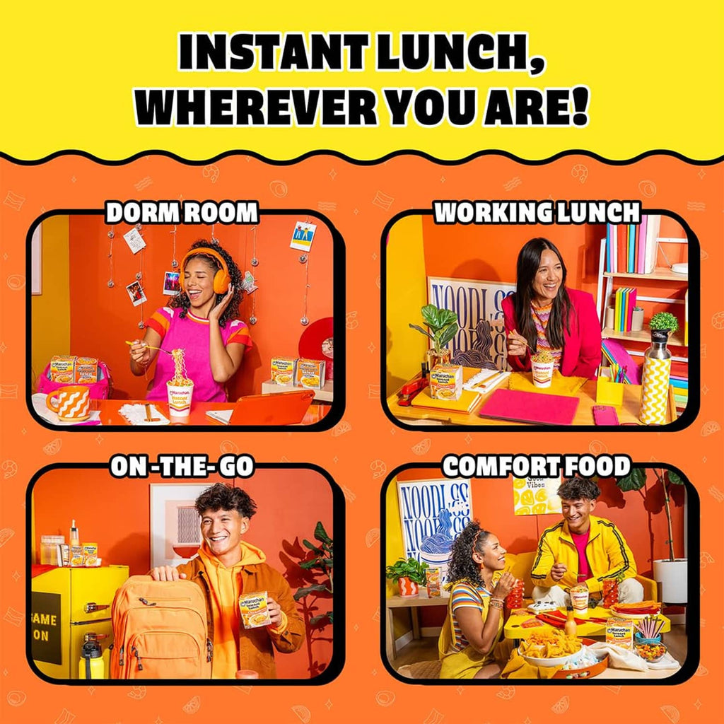 Maruchan Instant Lunch chicken flavor instant noodle soup shown in meal-use scenes