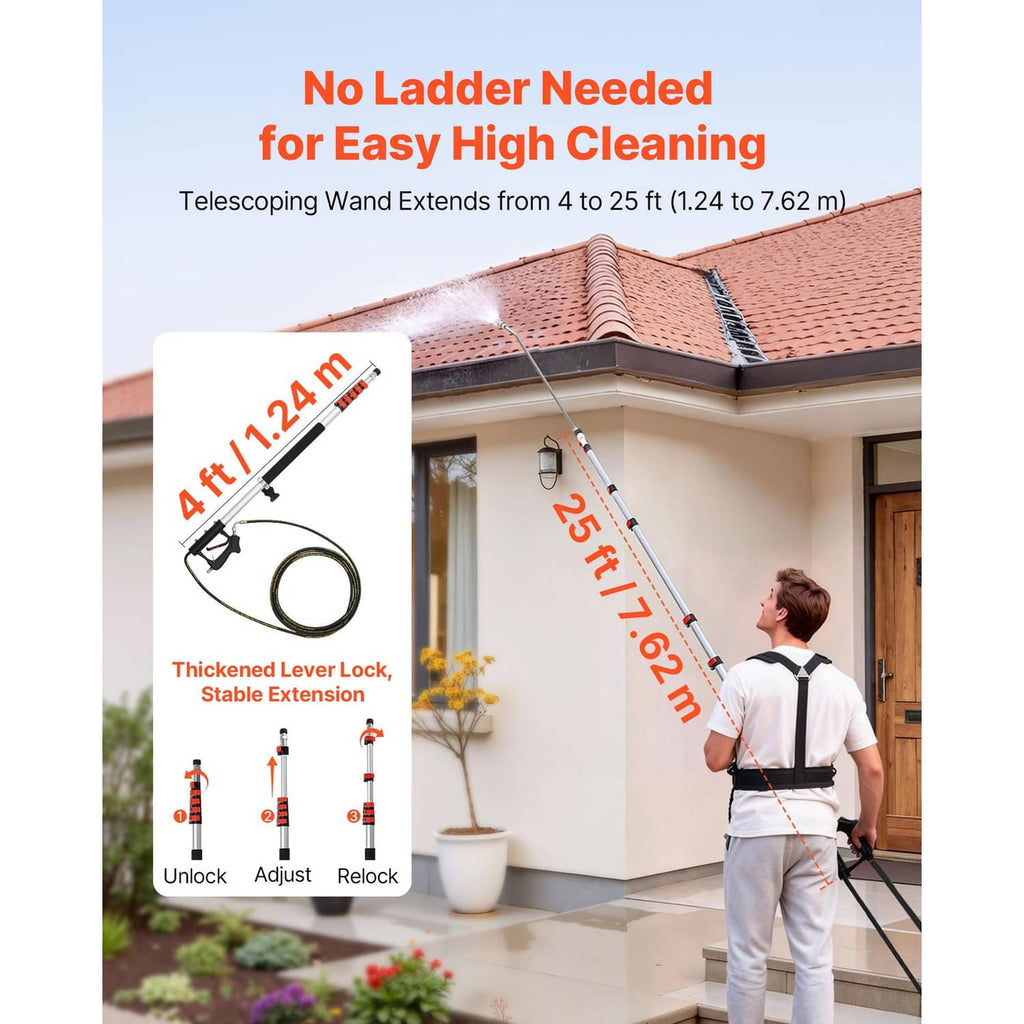 Telescoping pressure washer wand extending to high areas with quick-connect hose