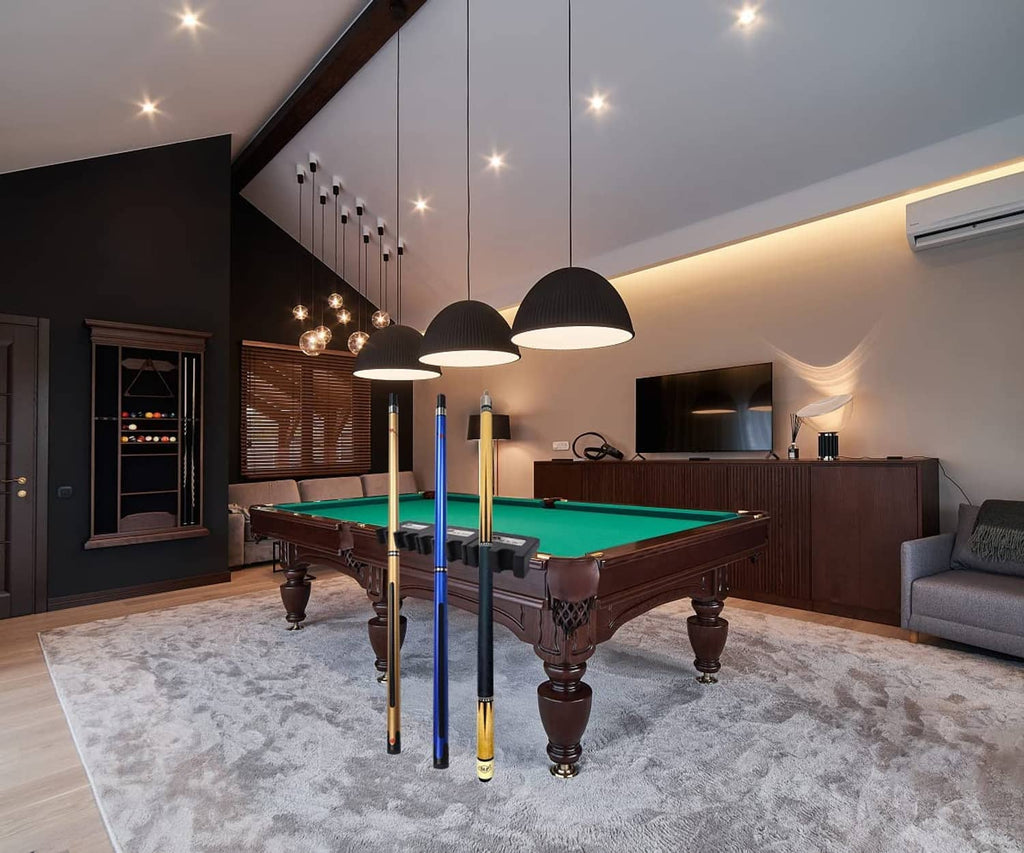 Pool cue holder standing on billiard table with cue sticks upright