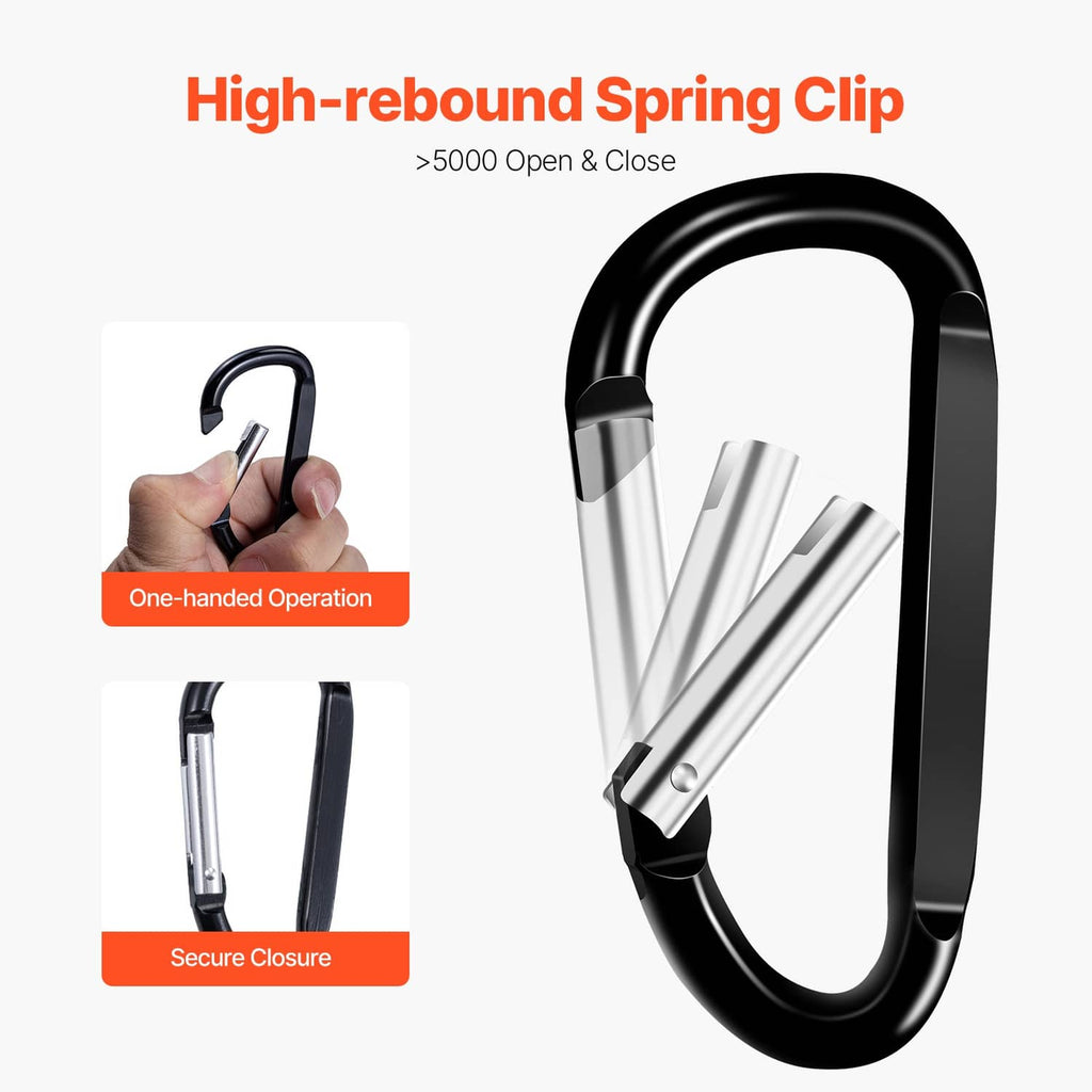 Black spring clip carabiner keyring with silver latch, one-handed snap open.
