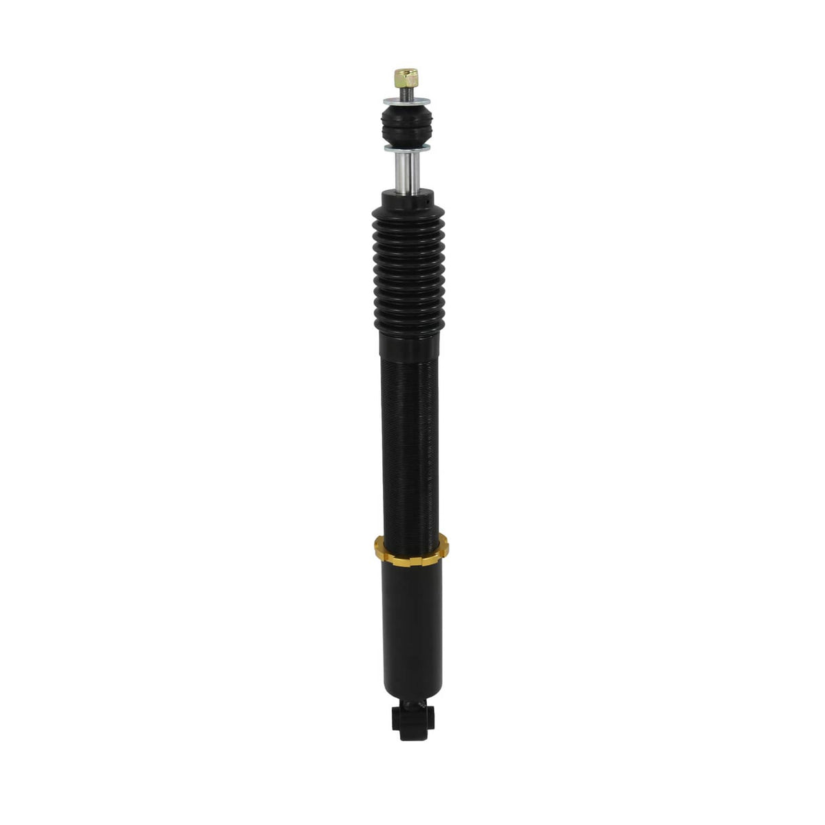 Coilover strut with black body and upper spring perch with small stem