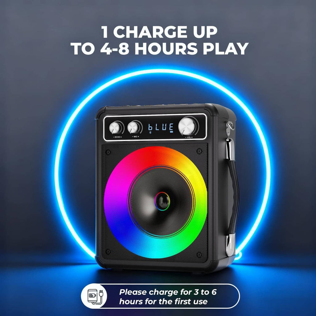 Portable karaoke speaker with glowing LED halo and carry handle