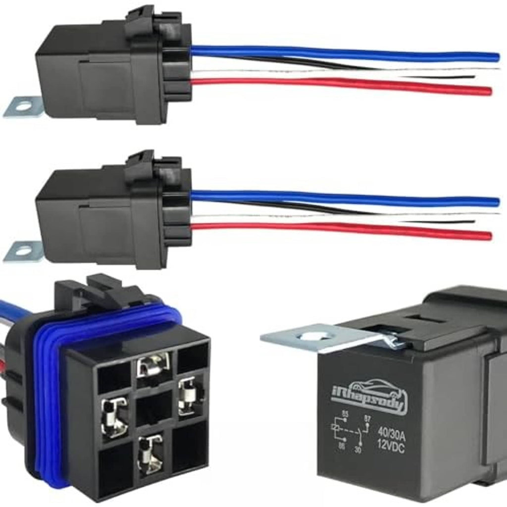 Waterproof 4-pin relay showing terminals, mounting tab, and wire lead connectors